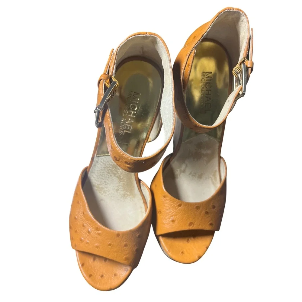 Michael Kors Ostrich Embossed Leather Cork Platform Wedge Sandals Tan 7.5M Boho